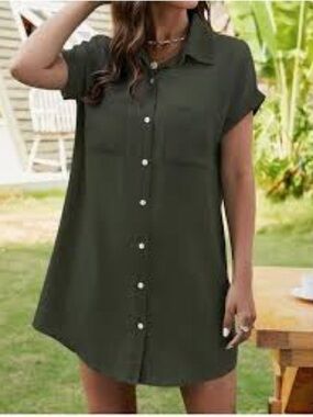 Zilcremo Button-Front Shirt Dress in Olive Green